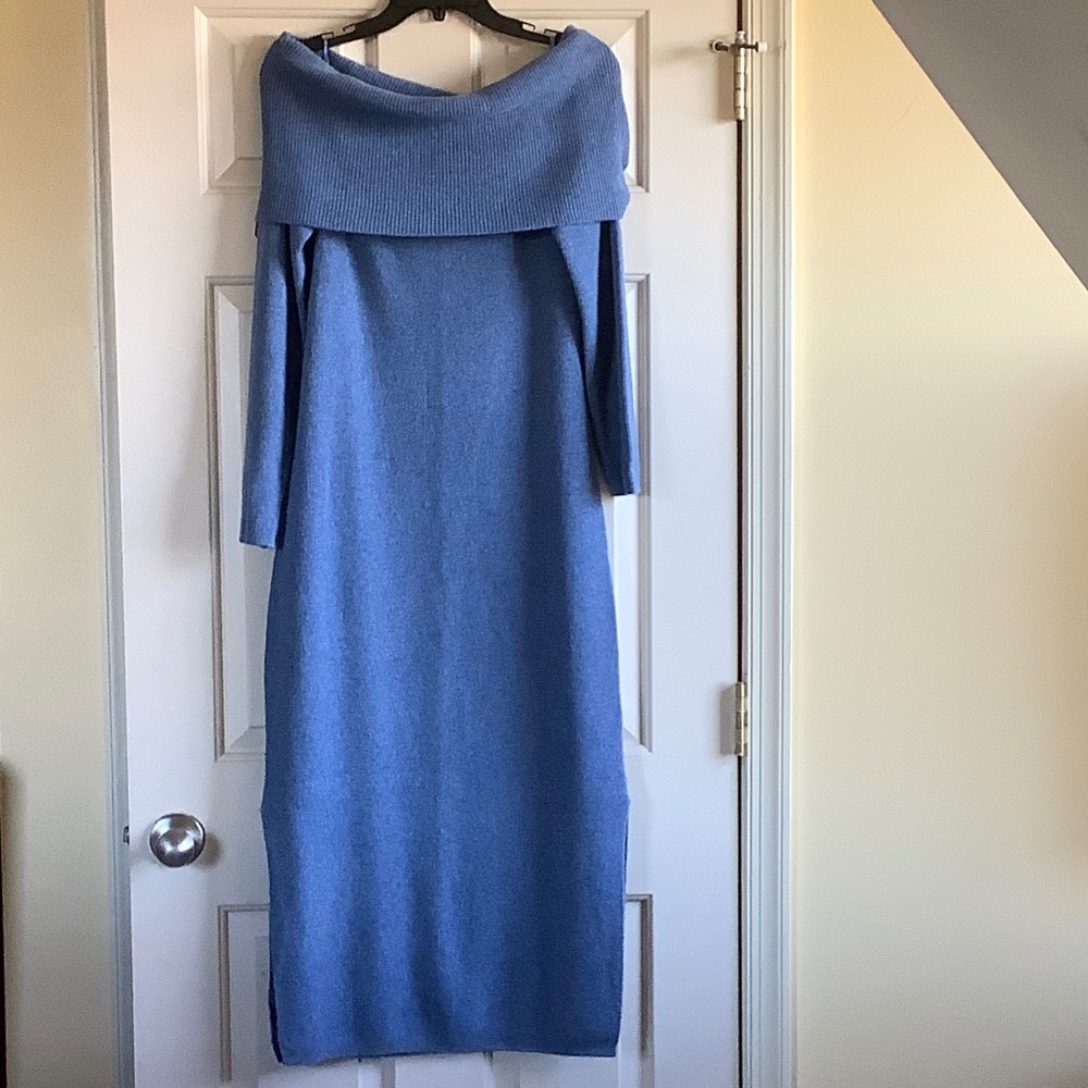 Elie Tahari Ribbed Cashmere Off-the-Shoulder Midi Dress Blue Jean Heather SZ XL